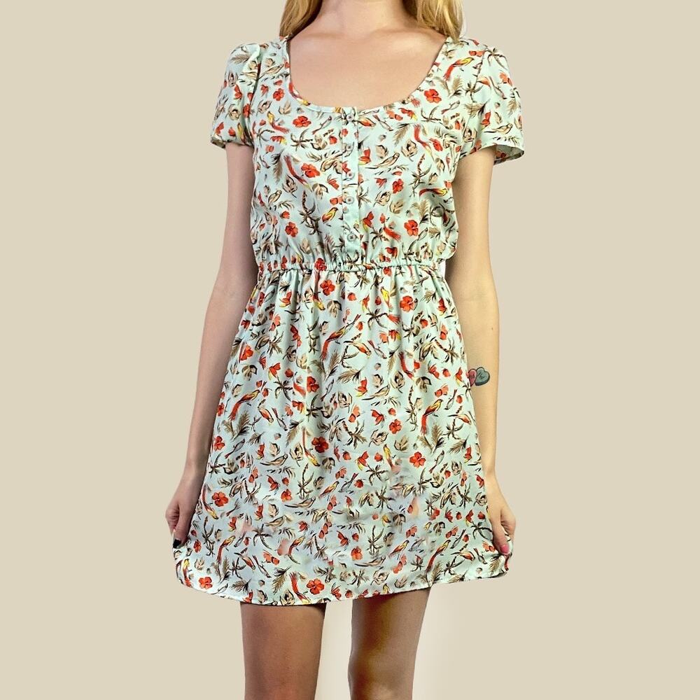 Xhilaration Bird Print Pattern Fit & Flare Pocket Dress Sz Small